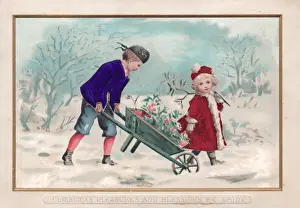 Boy and girl in snow on a fabric Christmas card