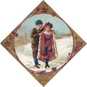 Boy and girl in the snow on a New Year card