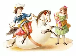 Eggshell Gallery: Boy and girl with toys on a Victorian scrap