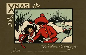 Boy & girl in winter scene
