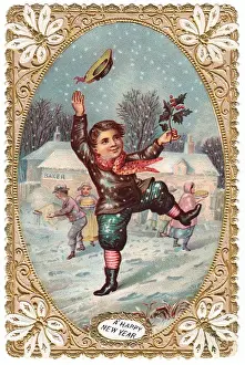 Pies Prints: Boy with holly on a New Year card
