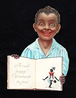 Leapfrog Prints: Boy with an open book on a cutout Christmas card