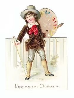 Images Dated 11th December 2015: Boy with palette on a cutout Christmas card