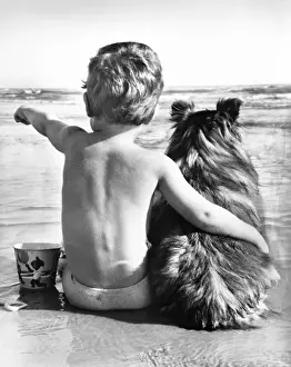 A boy and his pet dog sitting on a beach