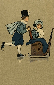 Boy pushing an ice carriage Boy pushing an ice carriage
