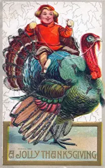 Boy riding a turkey on a Thanksgiving postcard