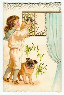 Boy in sailor suit with dogs on a Christmas card