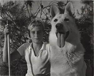 Cypriot Prints: Boy scout with a large dog, Cyprus