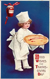 Pastry Prints: Boy serving a fruit pie on a Thanksgiving postcard
