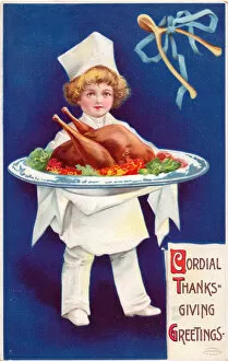 Roast Gallery: Boy serving a roast turkey on a Thanksgiving postcard