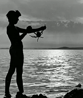 Waves Gallery: Boy silhouetted against the sky, holding a crab