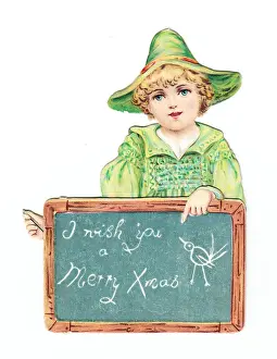 Boy with a slate on a cutout Christmas card