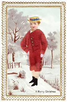 Boy in the snow on a fabric Christmas card