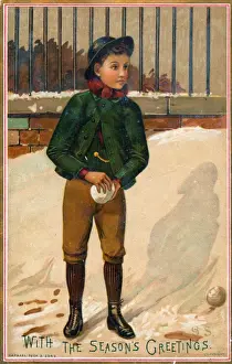 Snowballing Prints: Boy with snowball on a Christmas card