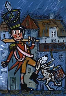 A Boy soldier marching to a dog beating a drum