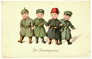 Boy soldiers in uniform hold hands in support of Germany