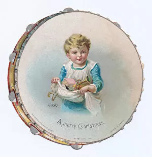 Images Dated 3rd December 2015: Boy on a tambourine-shaped Christmas card