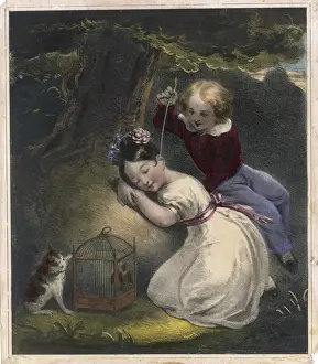 Bird Cage Prints: Boy Tickles Sleepy Girl