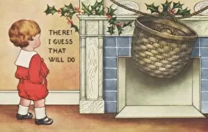 A boy ties a large basket to the mantle-piece