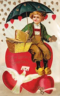 Boy with umbrella and hearts on a Valentine postcard