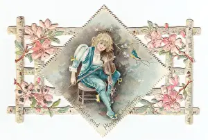 Fretwork Prints: Boy with violin on a cutout Christmas card