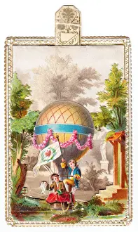 Two boys in a balloon on a greetings card