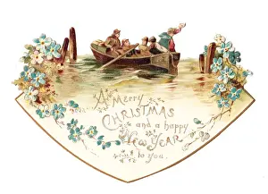 Boys in a boat on a cutout Christmas and New Year card