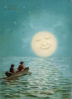 Two boys boating by moonlight on a Christmas card