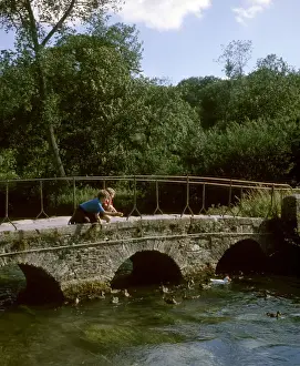 Ducks Prints: Two boys on a bridge, feeding ducks, Bibury, Gloucestershire