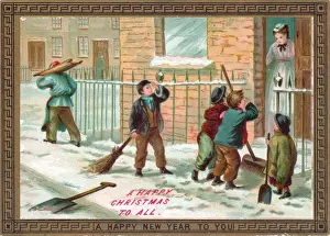 Deliveries Prints: Boys clearing snow on a Christmas card