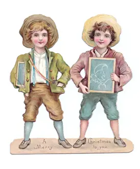 Slates Prints: Two boys on a cutout Christmas card