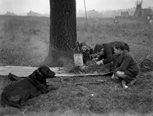 Barnabys Prints: Three boys and a dog on wasteland