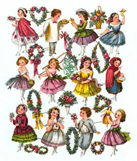 Boys, girls and flowers on twelve Victorian scraps