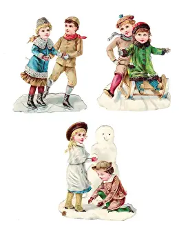 Sleighs Prints: Boys and girls on three Victorian Christmas scraps