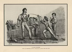 Allemagne Collection: Boys learning to fence with a fencing master in breastplate