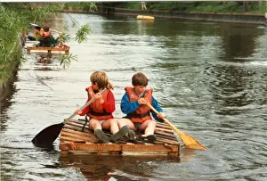 Pallet Prints: Boys paddling a crate, Longridge Centre