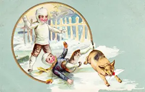 Slipped Prints: Two boys and a pig on a Christmas postcard