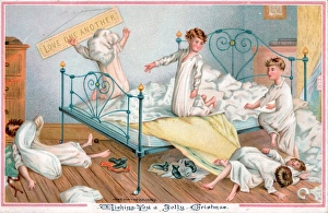 Nightie Gallery: Six boys pillow fighting on a Christmas card