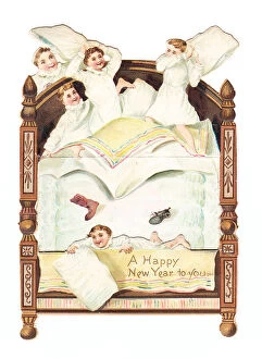 Images Dated 15th May 2018: Five boys pillow fighting on a cutout New Year card