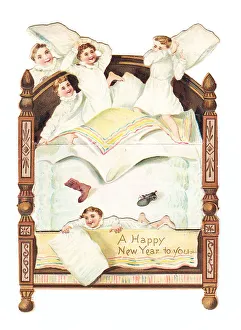 Images Dated 15th May 2018: Five boys pillow fighting on a cutout New Year card