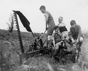 Images Dated 9th March 2015: Four boys playing on farming equipment