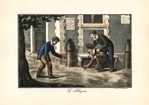 Boys playing marbles on a street corner
