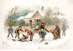 Tumble Prints: Boys playing in the snow on a New Year card