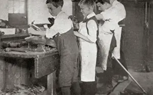 Aprons Prints: Boys Repair Boots at the NCH Childrens Home, Harpenden, Her