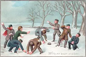 Eight boys snowballing on a Christmas card