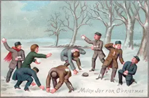 Eight boys snowballing on a Christmas card