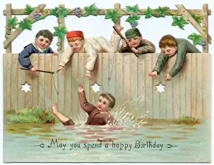 Vines Prints: Five boys, one swimming, on a birthday card