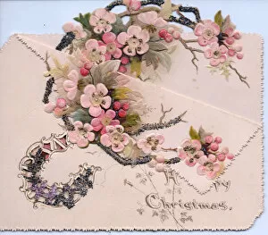 Images Dated 9th July 2018: Branch of pink blossom on a cutout Christmas card