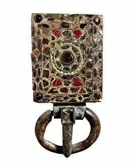 Andalusians Gallery: Brass belt buckle with encrusted glasses, 7th century