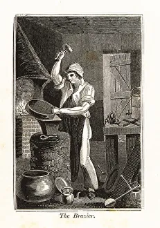 Spoon Prints: Brazier hammering a brass pan in a workshop